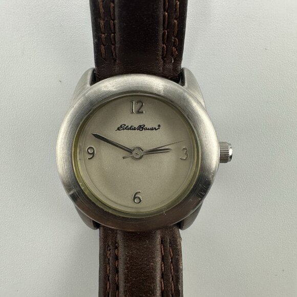 Eddie Bauer Watch Women Silver Tone White Dial Brown Band New Battery 8 Inch - Picture 1 of 13